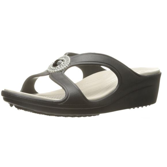 Crocs 'Sanrah' Women's 9 Beaded Wedge Comfort Sandal Jewel Black Slide Sandal - Picture 1 of 6
